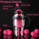 Pink Water Bottle with Handle and Straw, Large Water Bottles for Girls with Straw and Straw Cap, 34oz Gym Sports Water Bottle