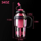 Pink Water Bottle with Handle and Straw, Large Water Bottles for Girls with Straw and Straw Cap, 34oz Gym Sports Water Bottle