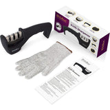 4-in-1 Kitchen Knife Accessories: 3-Stage Knife Sharpener Helps Repair, Restore, Polish Blades and Cut-Resistant Glove (Black)