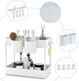 EKNITEY Under Sink Storage Bathroom Cabinet Organizer Kitchen Counter Organizer with Hooks and Hanging Cup Multi-purpose Small Organizer Shelves White