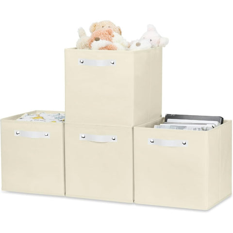Large Cube Storage Bins 13x13 Inches 4-Pack Collapsible Fabric Storage Organizer with Handles Lightweight Clothes Baskets Waterproof Storage Cube Bins with Hard Board Light Beige